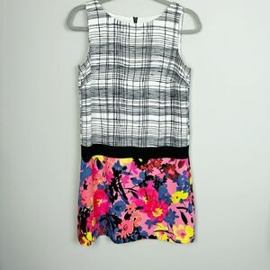 LOFT | Drop Waist Plaid & Floral Sleeveless Zip Back Mini Dress Women’s Size 4